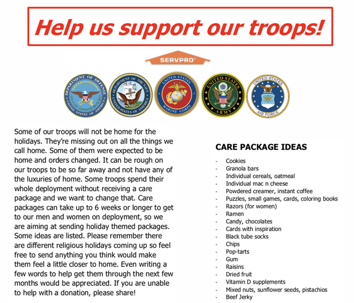 red letters stating Help us support our troops accompanied by each seal of the United States Military branch