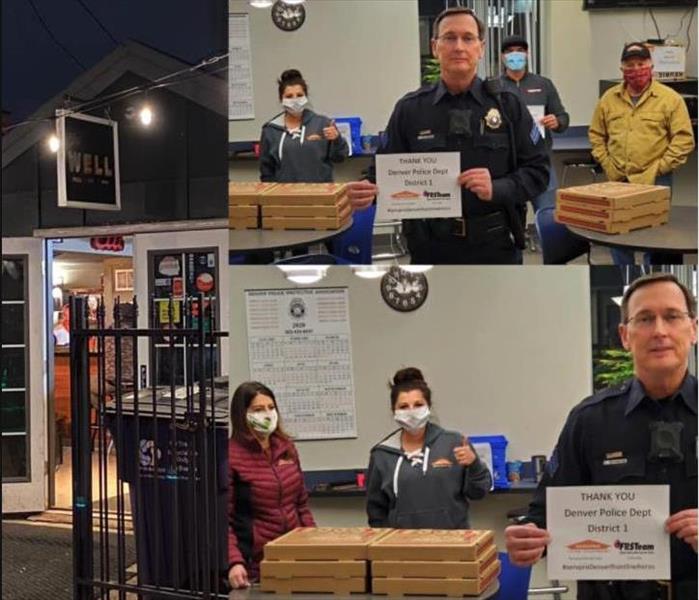collage of photos, a Denver local pizza place and the inside of a police station with the pizzas being delivered for a thanks